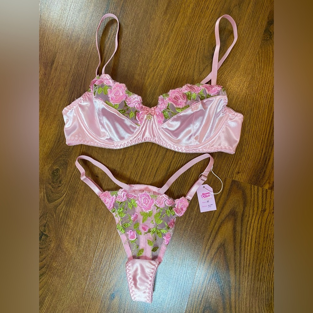 🎀🌷 Ethereal Pink Satin & Sheer Floral Embroidery Lace 2 Pc Lingerie Set 🌷🎀 NWT - Picture 3 of 13